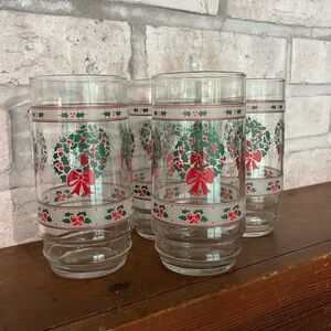 Indiana Glass Vintage 4 Victorian Christmas Wreath Drinking Glasses 6"